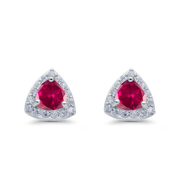 Halo Stud Earrings Simulated Ruby CZ Round 925 Sterling Silver(8mm)